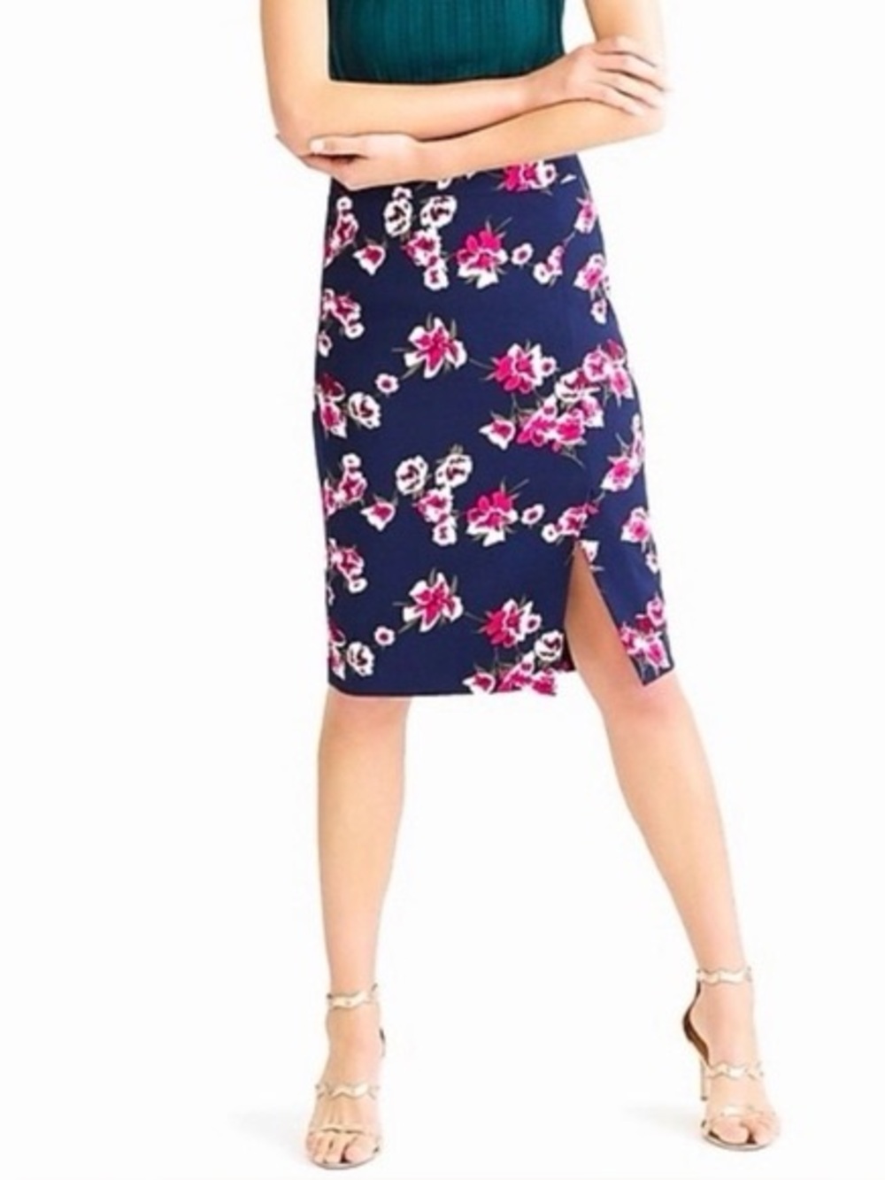 J. Crew Navy Floral Pencil Skirt with Side Slit (005)